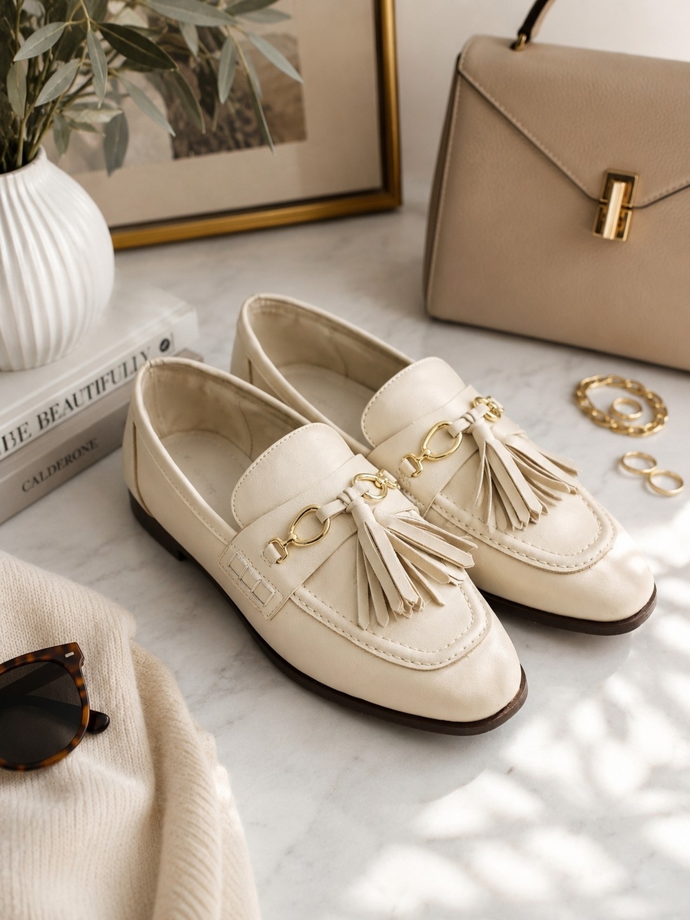 Zara Cream Ivory Tassel Horsebit Loafers Gold Hardware Size 39